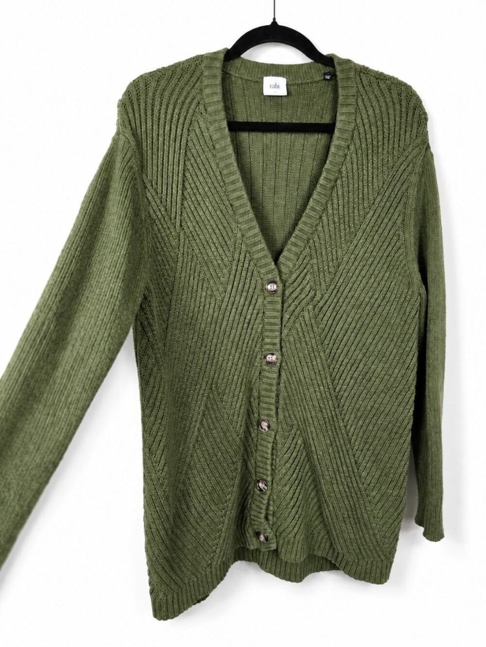 CAbi Olive Green Textured Cotton Knit Cardigan L Cottagecore Lagenlook